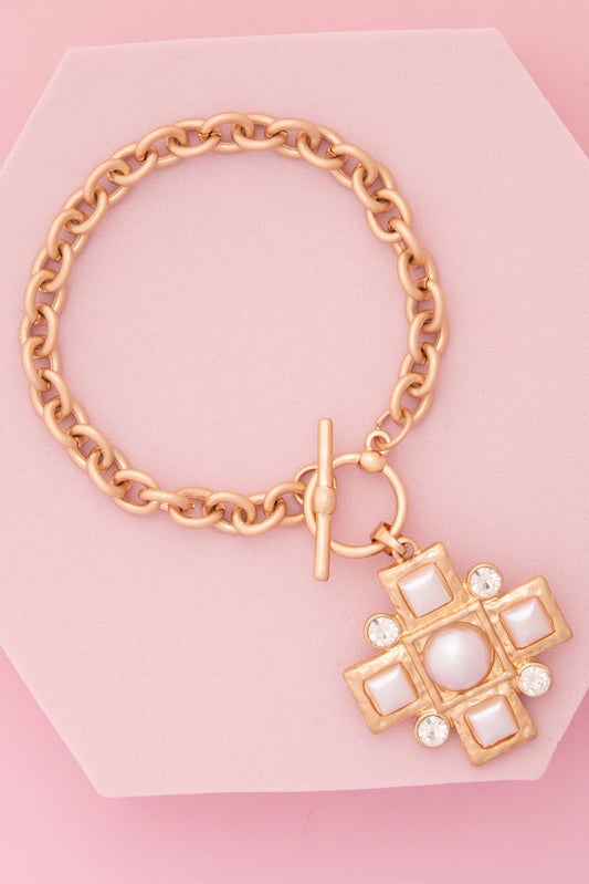 Victoria Cross Charm Chain Bracelet with Pearls and Crystals