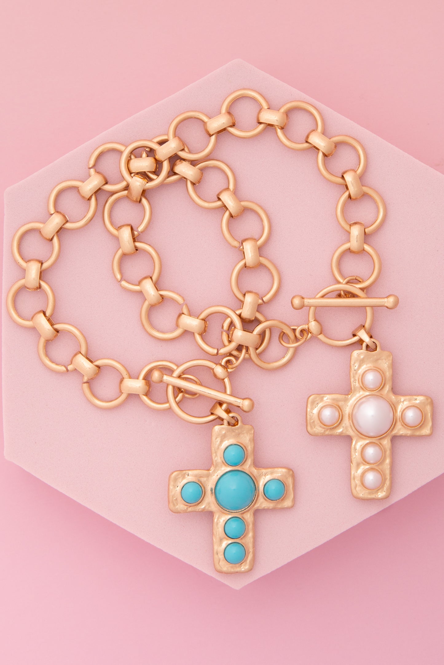 Camila Cross Charm Toggle Chain Bracelet with Pearl or Turquoise