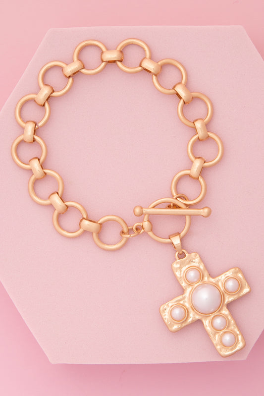 Camila Cross Charm Toggle Chain Bracelet with Pearl or Turquoise | Pearl