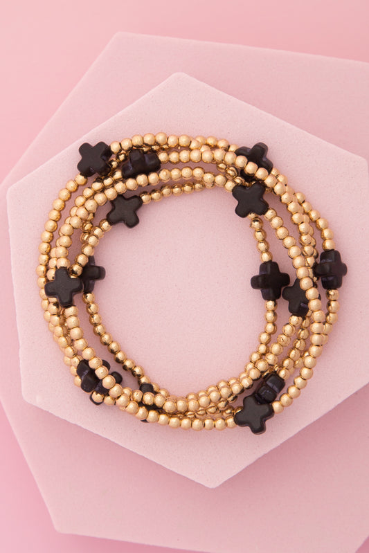 Lucy 3pc Multi-Layered Cross Charm Ball Chain Bracelet Set | Black & Gold