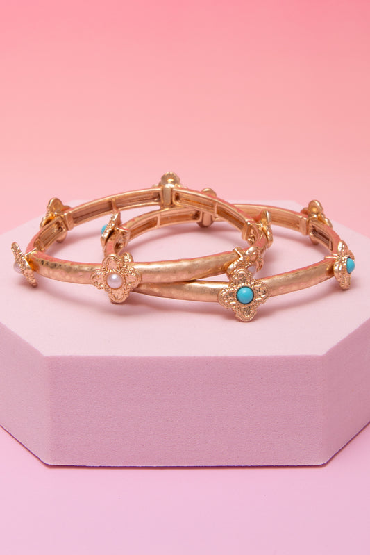 Olivia Pearl Ornate Cross Hammered Finish Stretch Bangle Bracelet