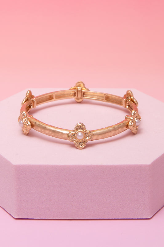 Olivia Pearl Ornate Cross Hammered Finish Stretch Bangle Bracelet | Pearl