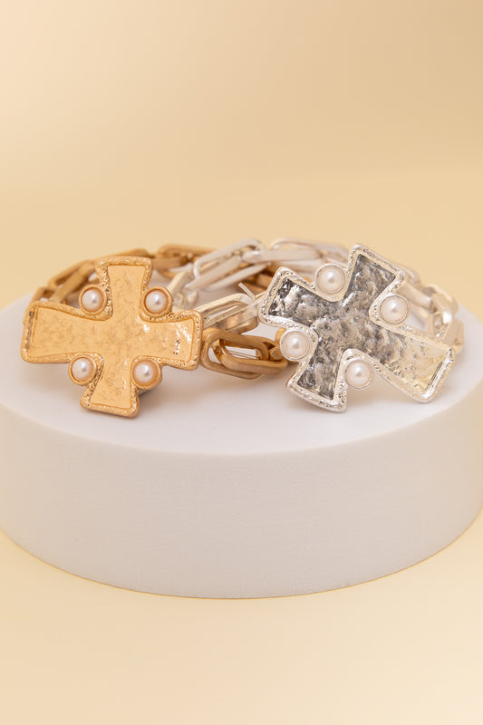 Chloe Pearl Embellished Cross Charm Chain Bracelet