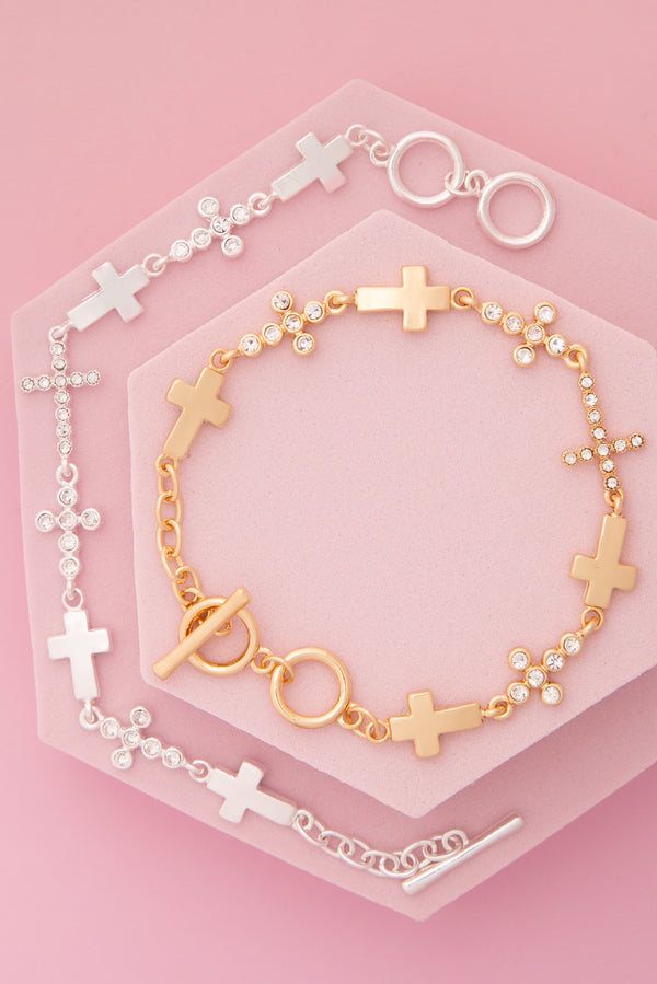 Mila Brushed Finish Crystal Embellished Interplay Cross Bracelet