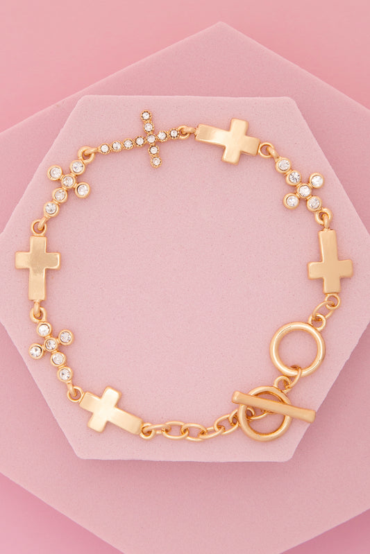 Mila Brushed Finish Crystal Embellished Interplay Cross Bracelet | Gold