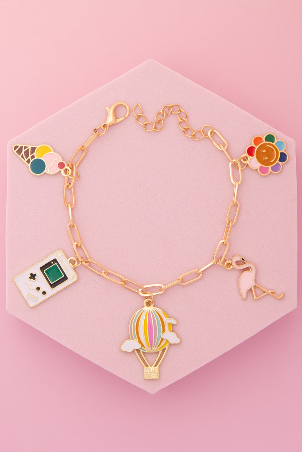 Kinsley 90’s Nostalgia Theme Charm Bracelet with Enamel Trinkets