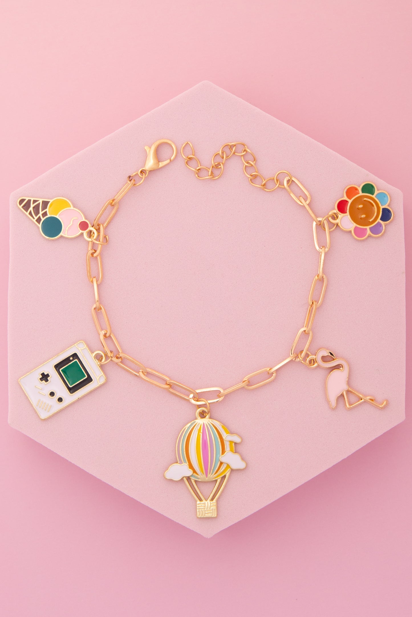 Kinsley 90’s Nostalgia Theme Charm Bracelet with Enamel Trinkets