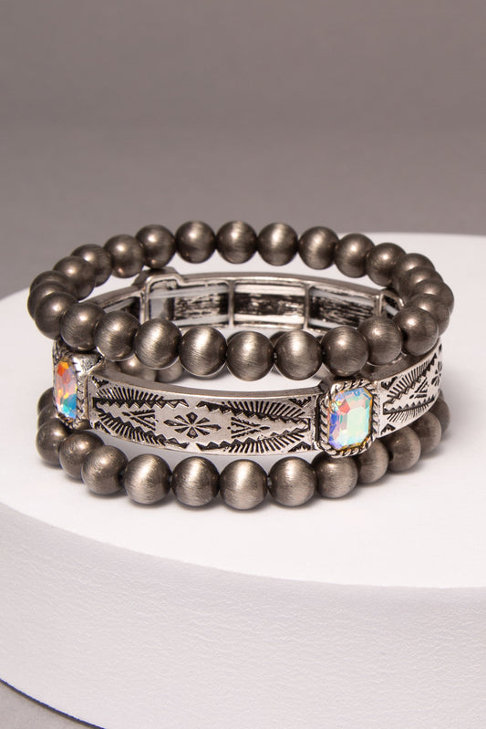 Avani Western Crystal Embellished 3 Piece Etched Bracelet Set | Iridescent