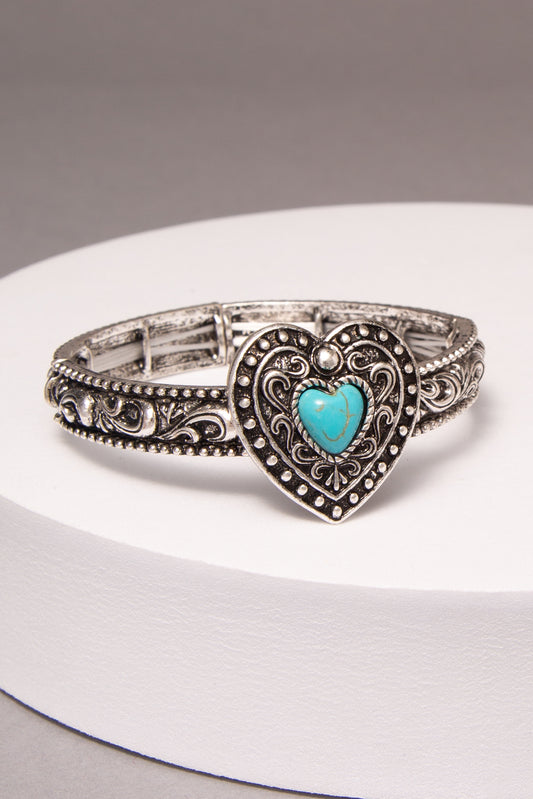 Kara Filigree Western Turquoise Heart Stretch Bracelet