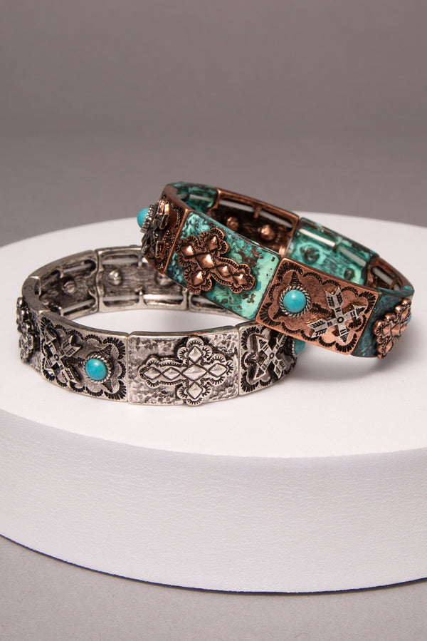 Willow Western Turquoise and Copper Cross Stretch Bracelet