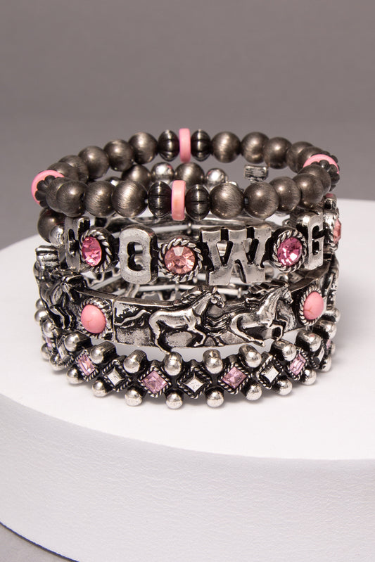 Ivy Mustang Theme Beaded Bracelet Set | Pink
