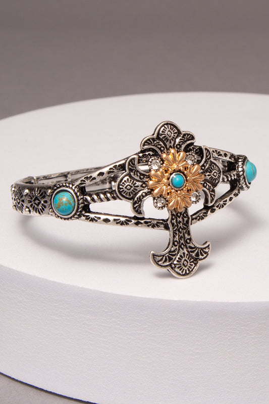 Mila Western Rigidized Turquoise Cross Stretch Bracelet | Gold Silver