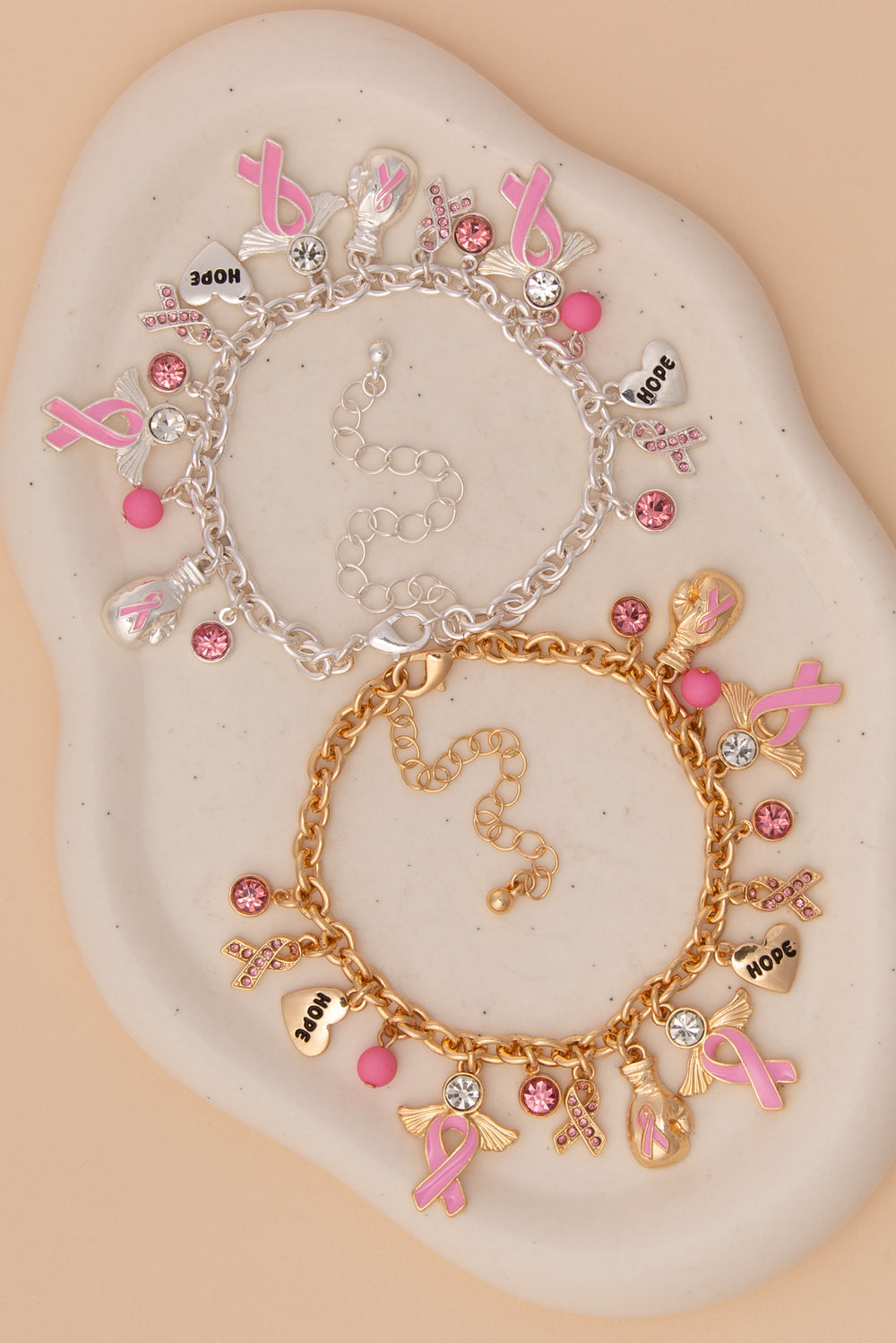 Audrey Breast Cancer Awareness Charm Bracelet with Pink Ribbons