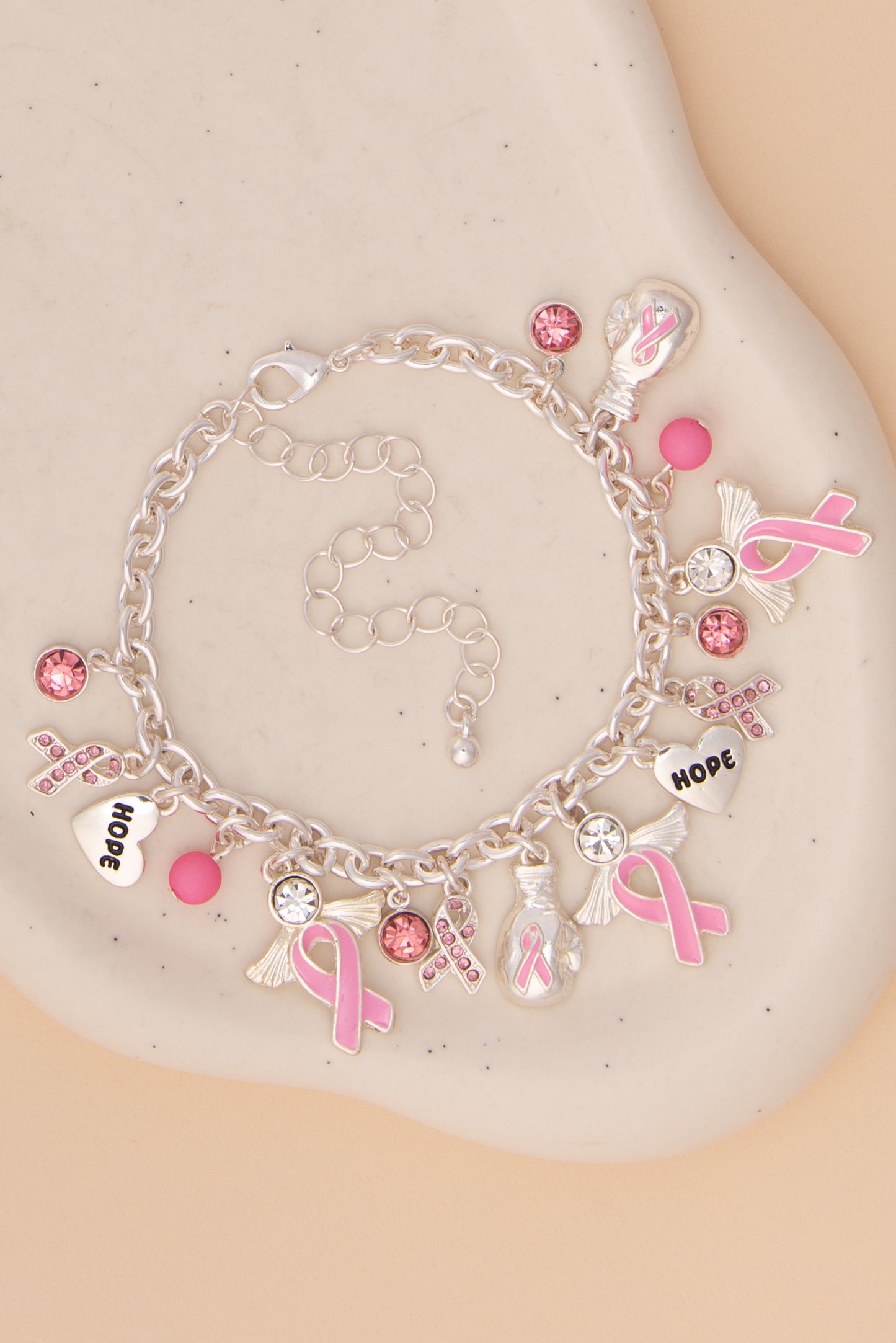 Audrey Breast Cancer Awareness Charm Bracelet with Pink Ribbons