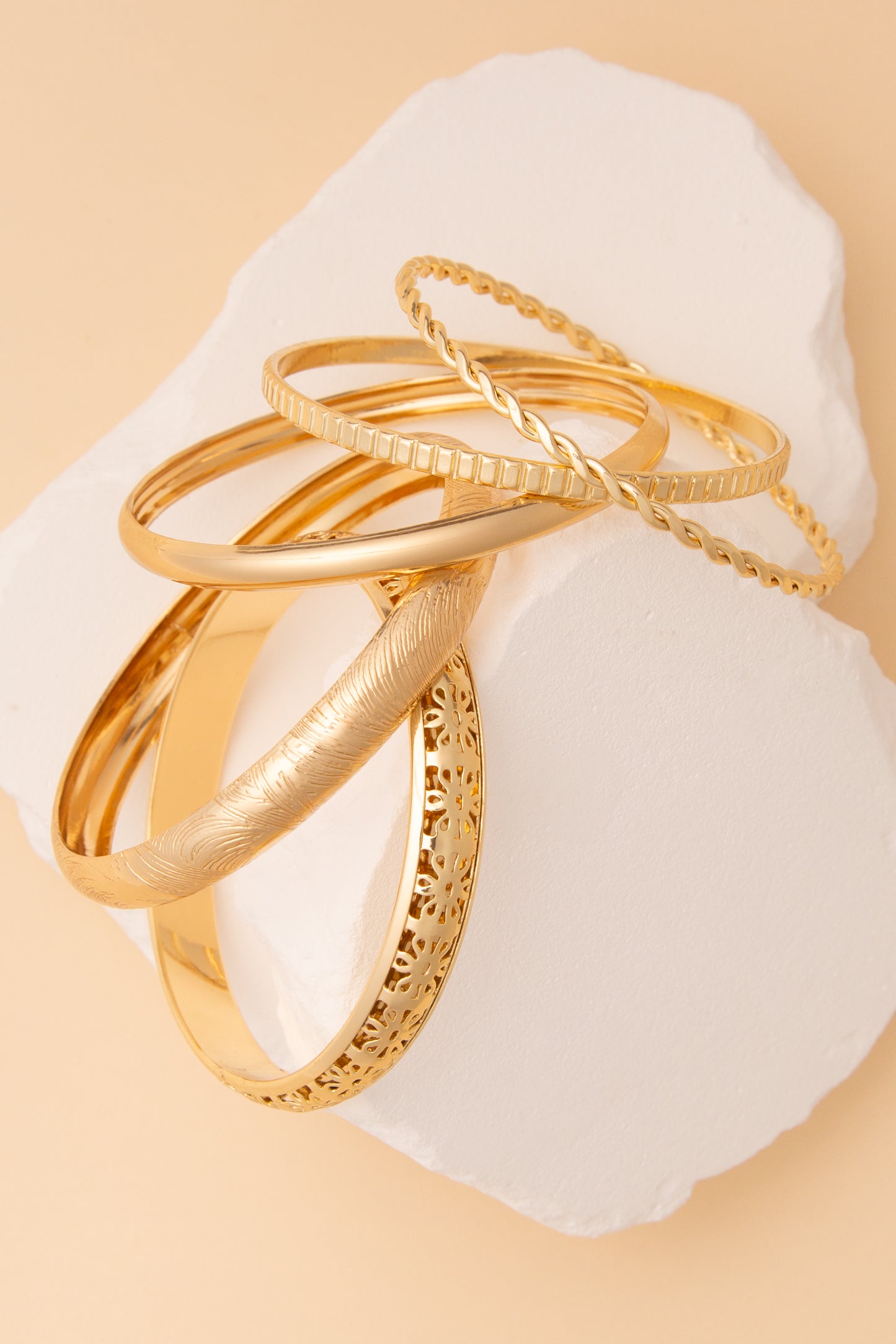 Jocelyn 5-Piece Polished Multi-Textured Stacked Bangle Bracelet Set