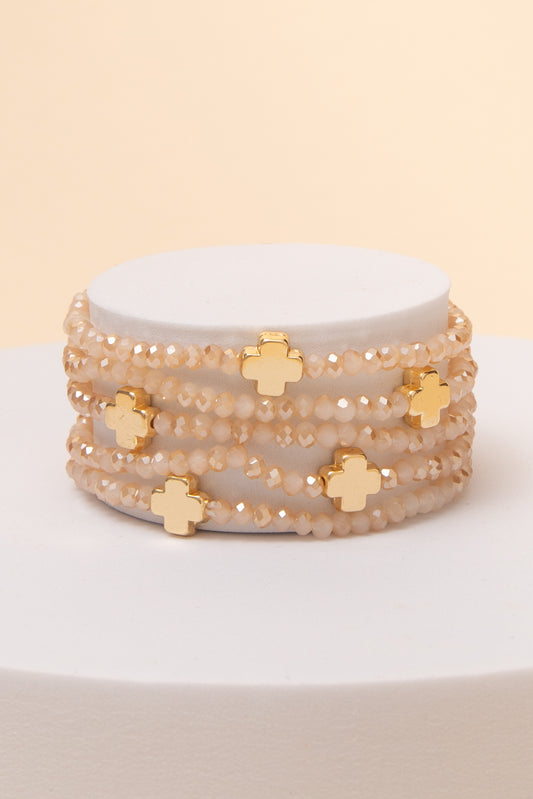 Parker Metal & Glass Bead Cross Multi-Stackable Elastic Bracelet | Beige