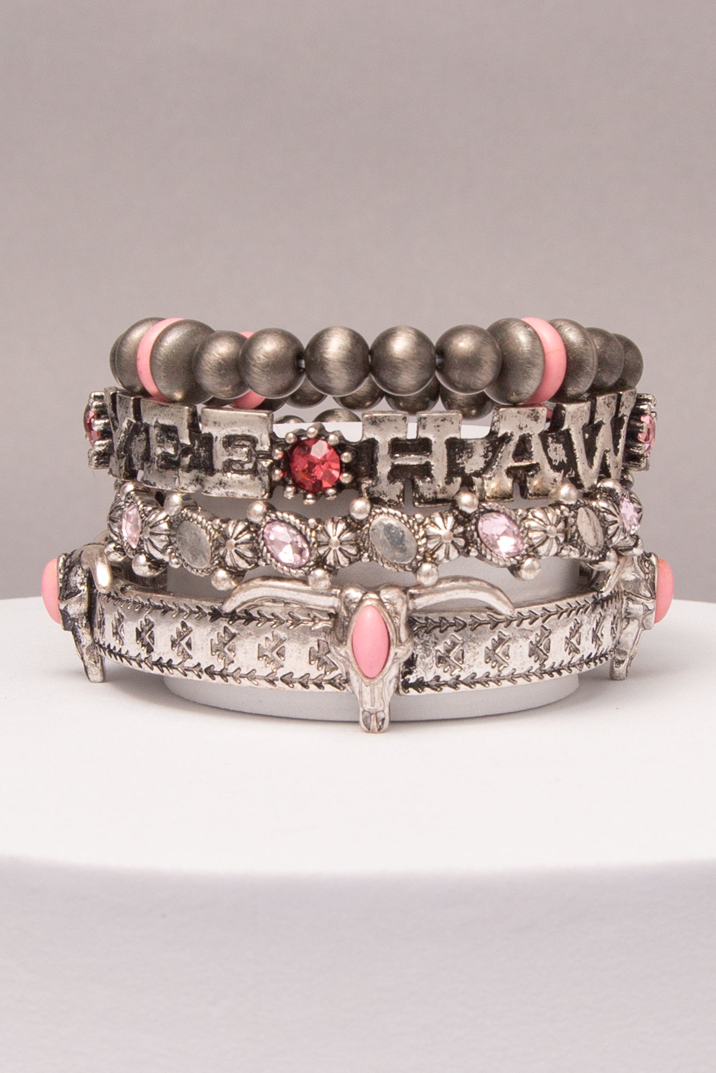 Hailey Western Yee Haw Stretch Bracelet Set with Beaded Bands | Pink