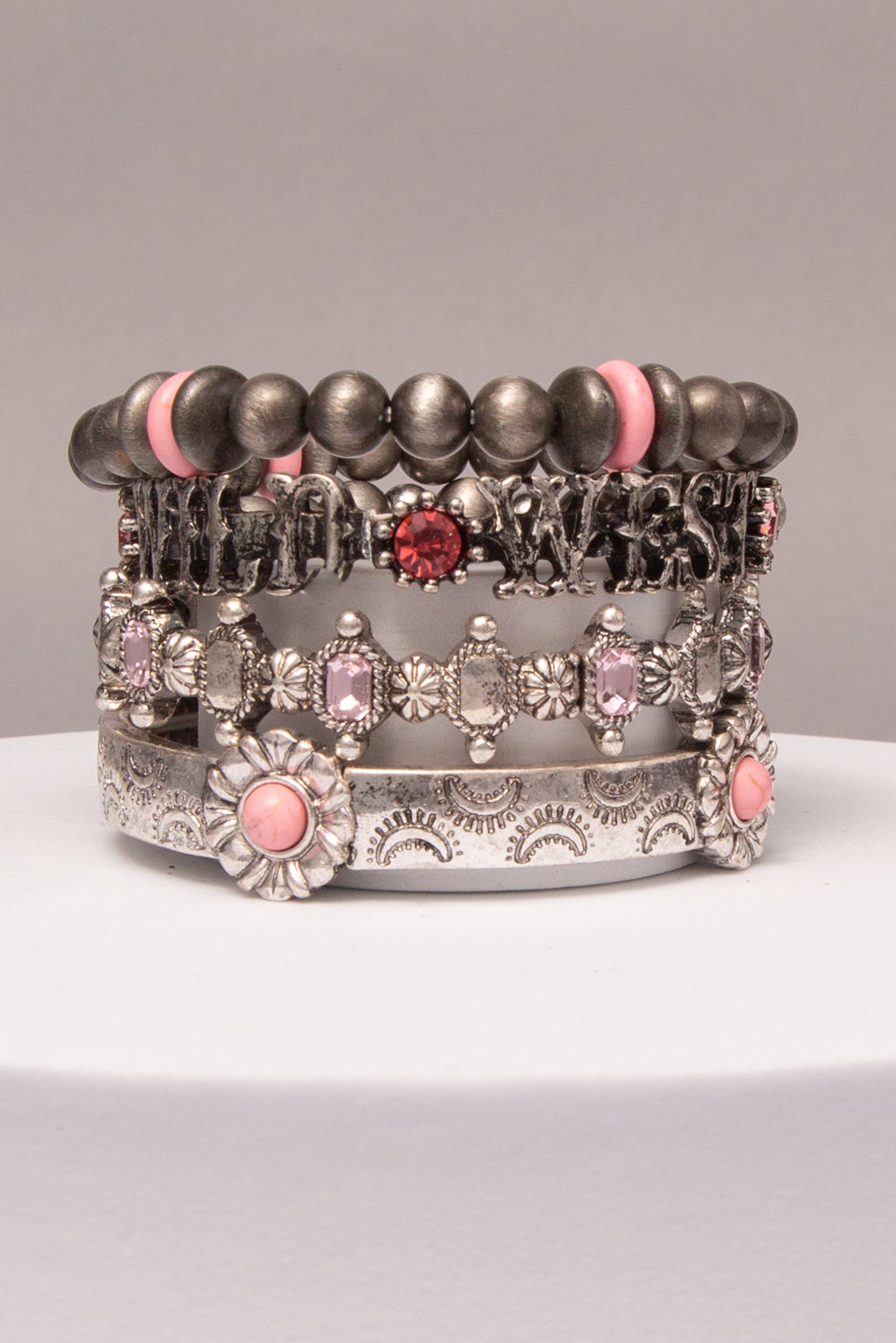 Margot Western Wild West Stretch Bracelet Set with Beaded Bands | Pink