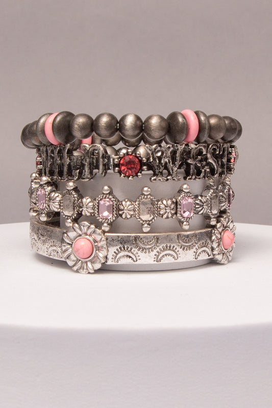 Margot Western Wild West Stretch Bracelet Set with Beaded Bands | Pink