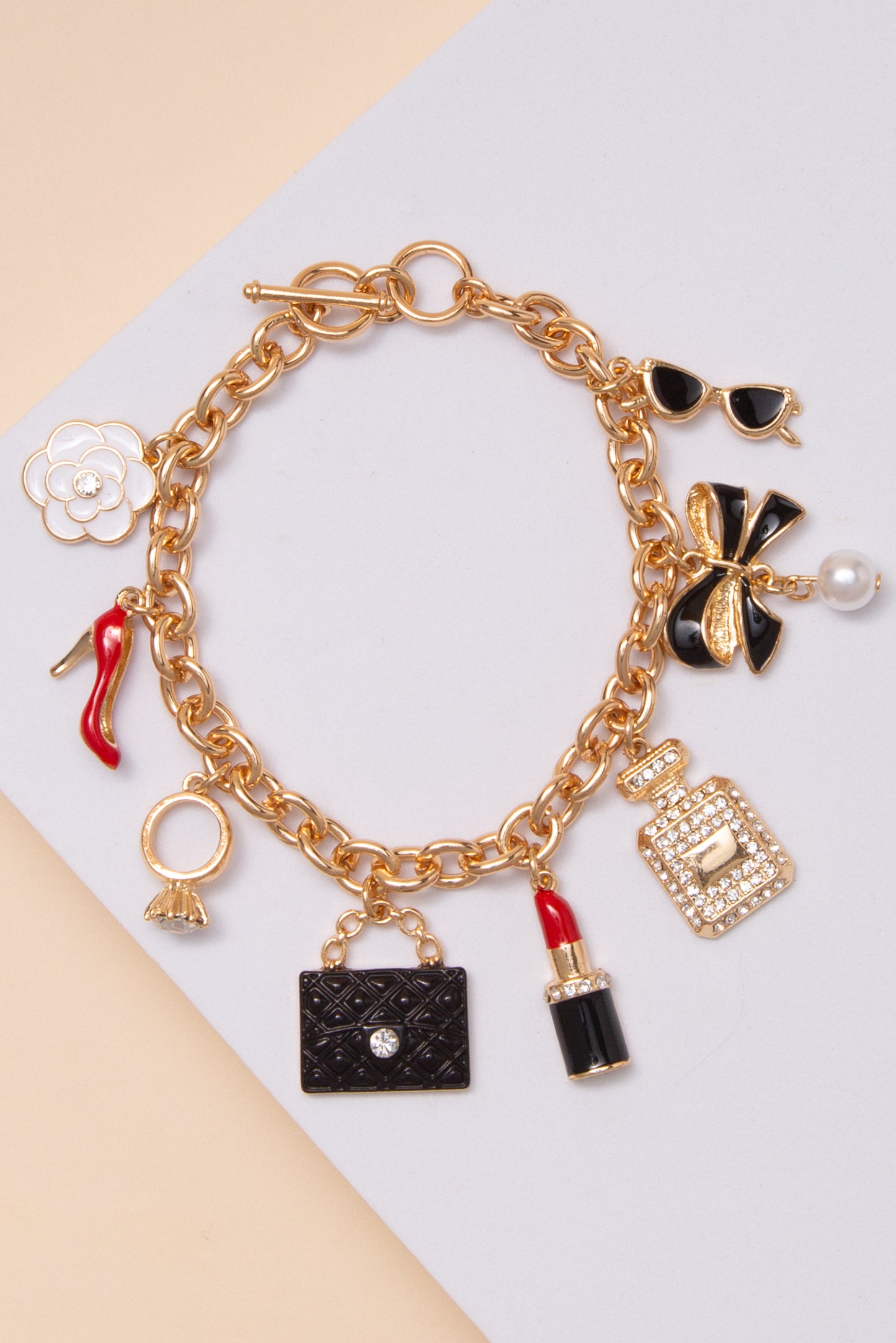 Paisley Fashion Multi Charm Toggle Bracelet | Gold
