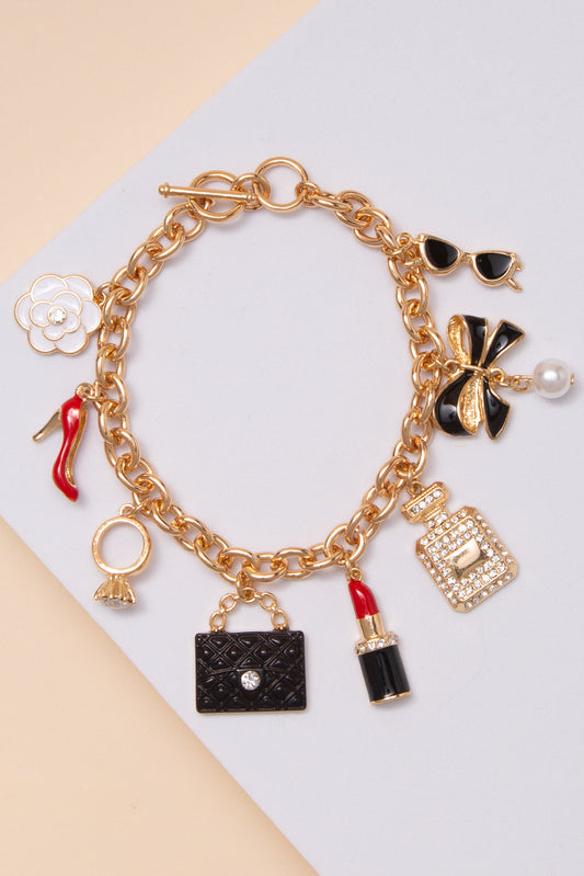 Paisley Fashion Multi Charm Toggle Bracelet | Gold