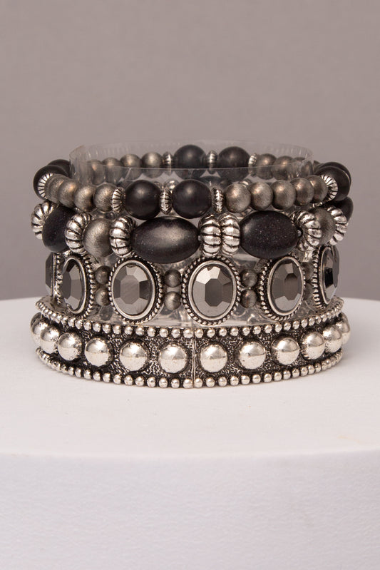 Vivienne Multi Layer Beaded Bracelet Set with Crystal Bead Accents | Black