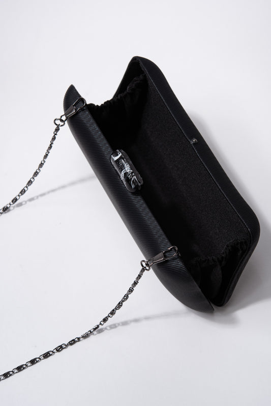 Kylie Textured Satin Evening Bag with Crossbody Chain - Black