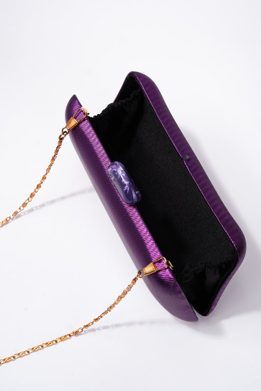Kylie Textured Satin Evening Bag with Crossbody Chain - Purple
