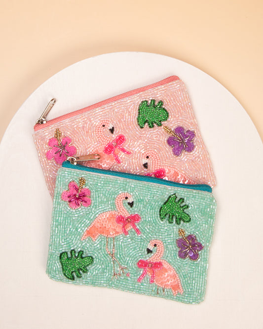 Bailey Summer Pink Flamingo Beaded Card Coin Bag with Zipper