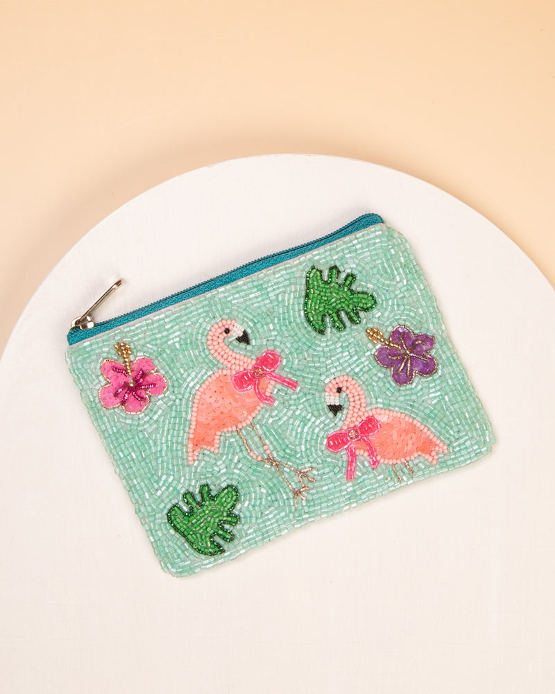 Bailey Summer Pink Flamingo Beaded Card Coin Bag with Zipper | Aqua
