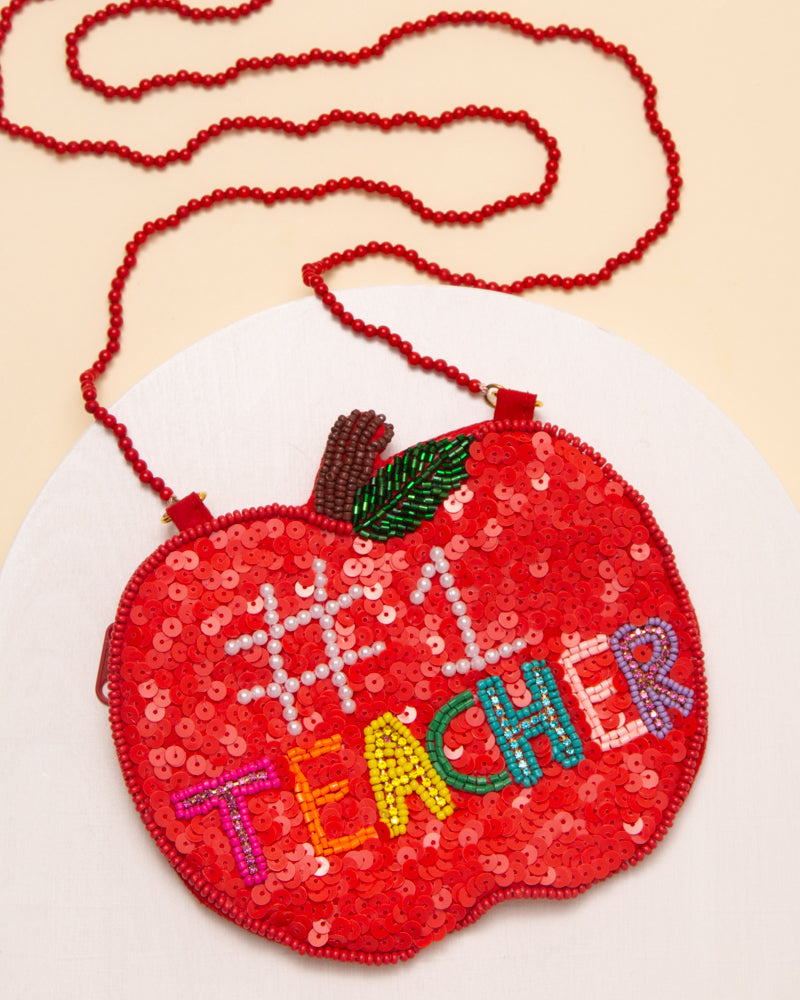 Rose “#1 Teacher” Sequin Beaded Apple Crossbody Bag