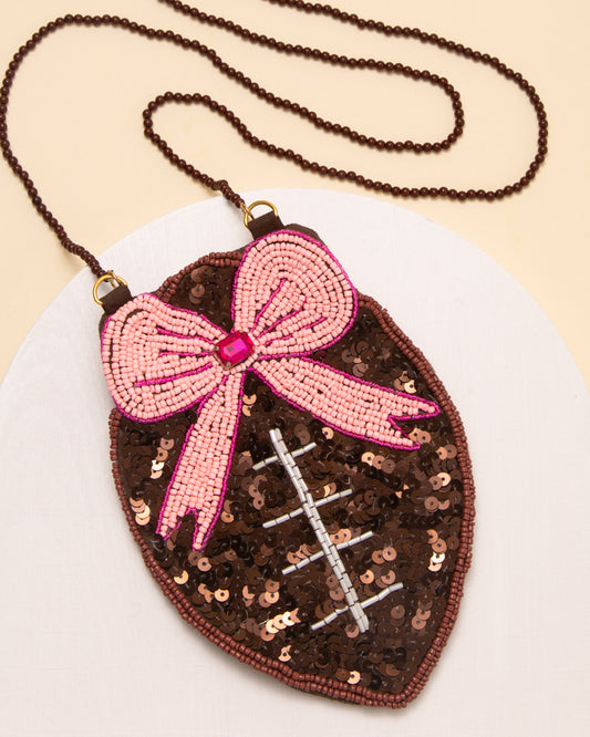 Laura Sequin & Seed Beaded Pink Ribbon Football Crossbody Bag