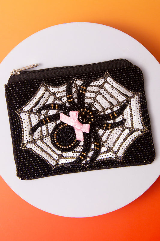 Nancy Halloween Beaded Coin Bag with Spider Design and Pink Bow