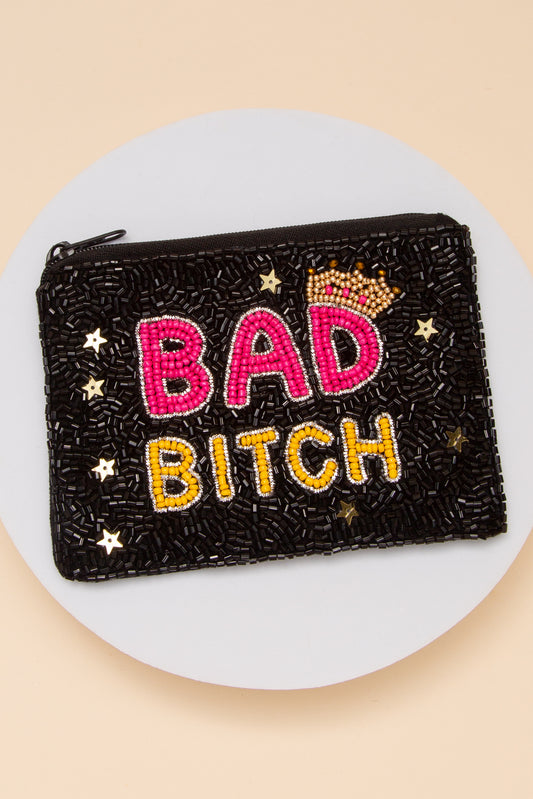Jasmine Bad Bitch Seed Beaded Coin Bag in Black with Crown and Stars