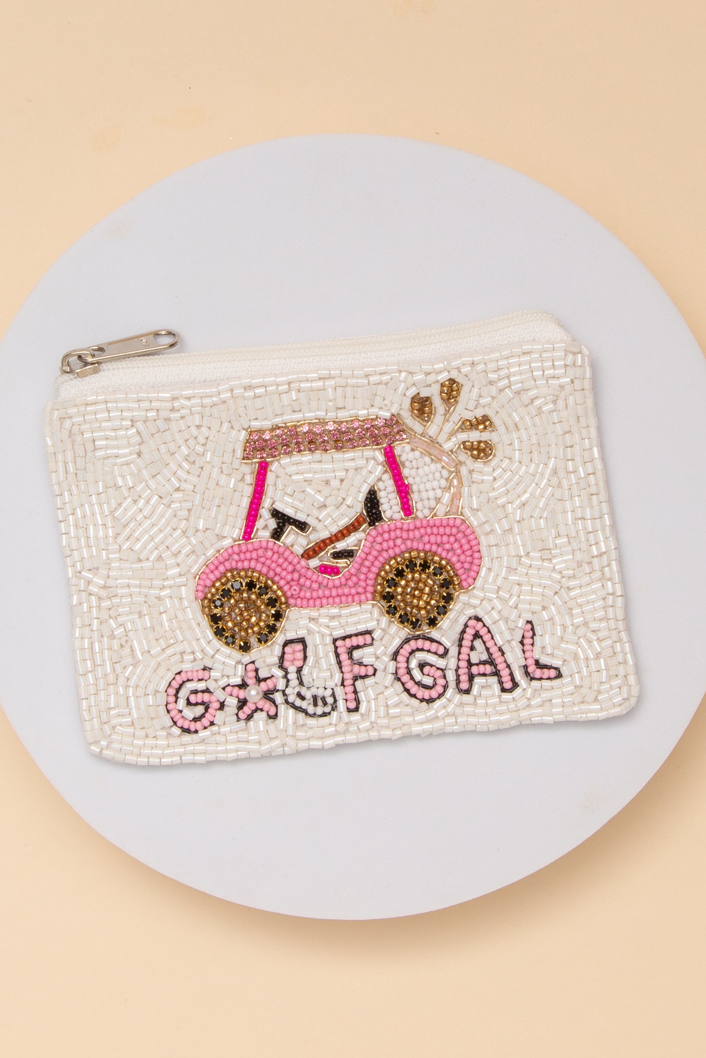 Andrea Golf Gal Coin Seed Beaded Bag With Pink Cart