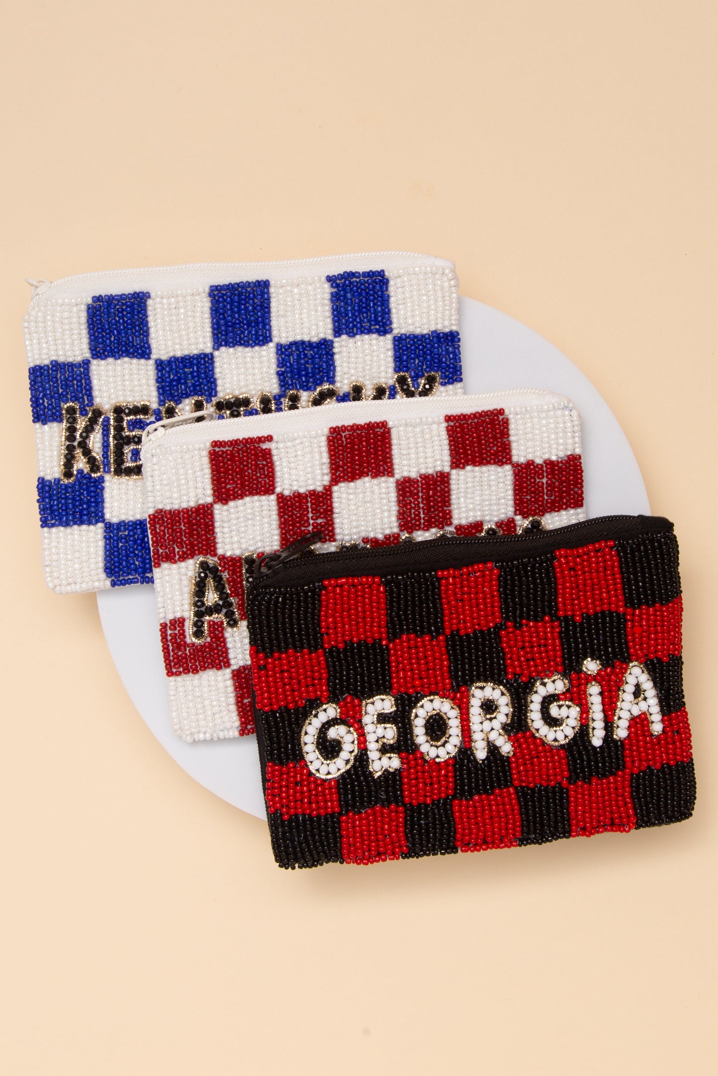 Alexandra Gameday Checkered Pattern State Name Seed Beaded Coin Bag