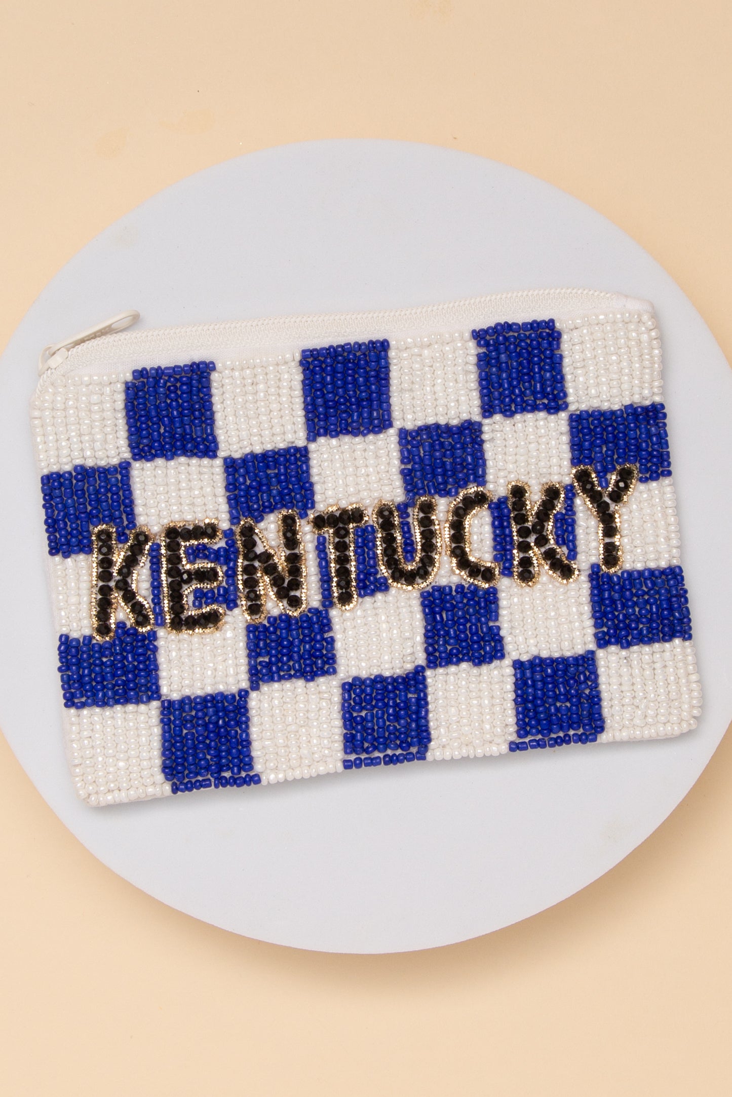 Alexandra Gameday Checkered Pattern State Name Seed Beaded Coin Bag | Blue White