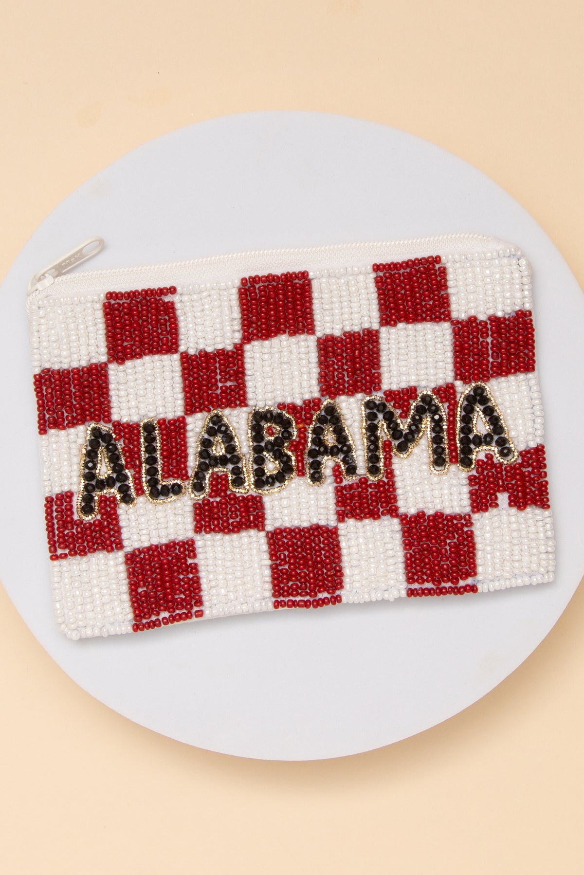 Alexandra Gameday Checkered Pattern State Name Seed Beaded Coin Bag | Burgundy & White