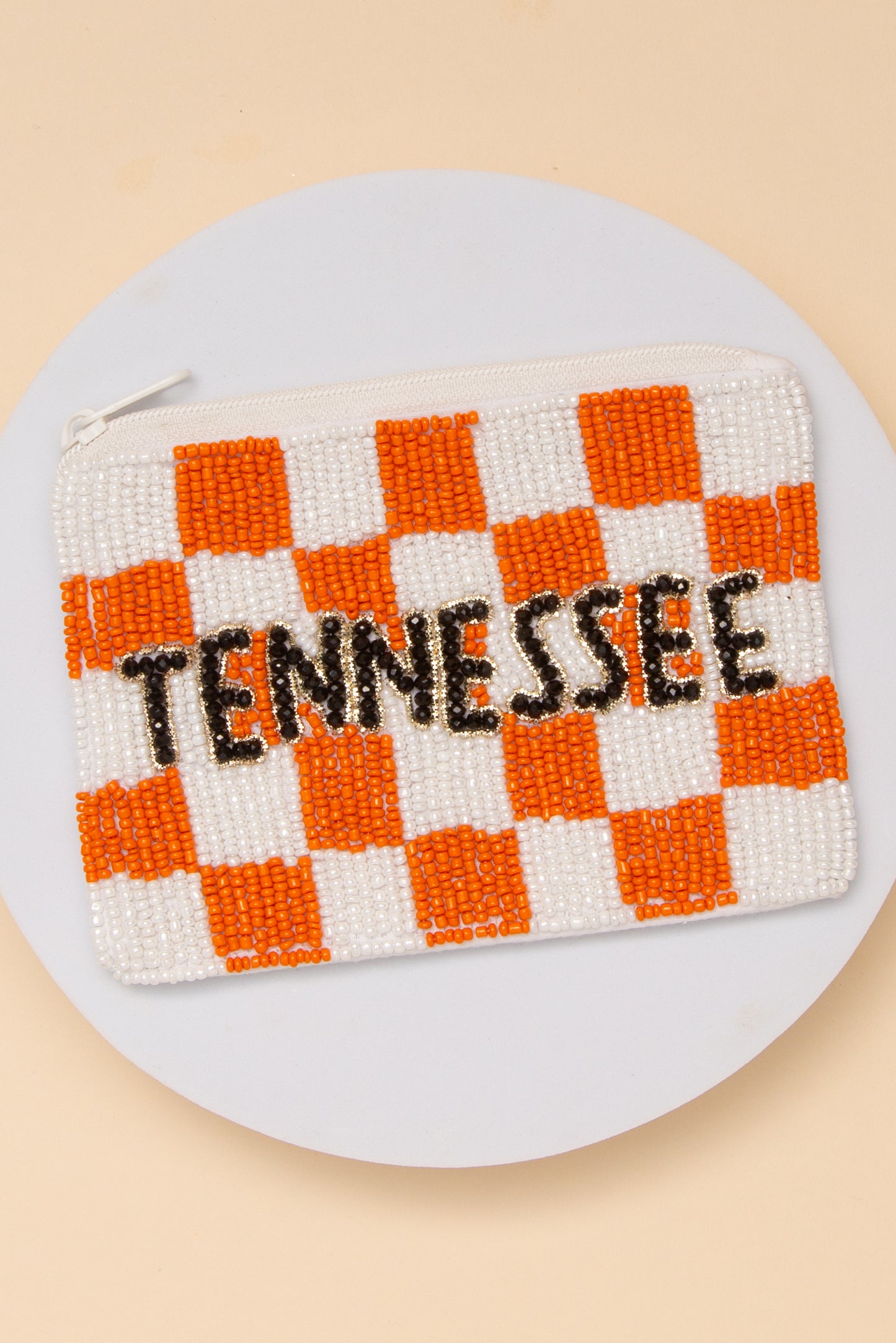 Alexandra Gameday Checkered Pattern State Name Seed Beaded Coin Bag | Orange & White