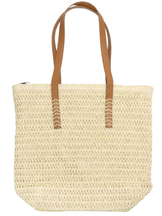 Avery  Woven Shoulder Zippered Tote Bag with Faux Leather Handles | Beige