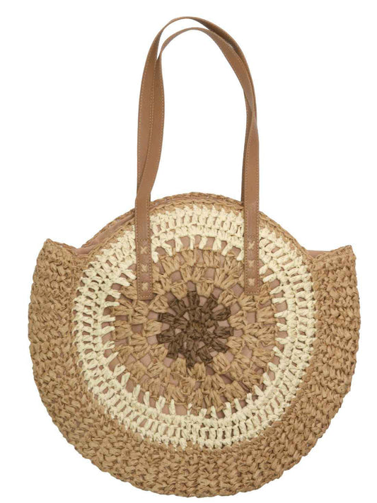 Mila Large Round Straw Patterned Woven Motif Shoulder Bag | Brown