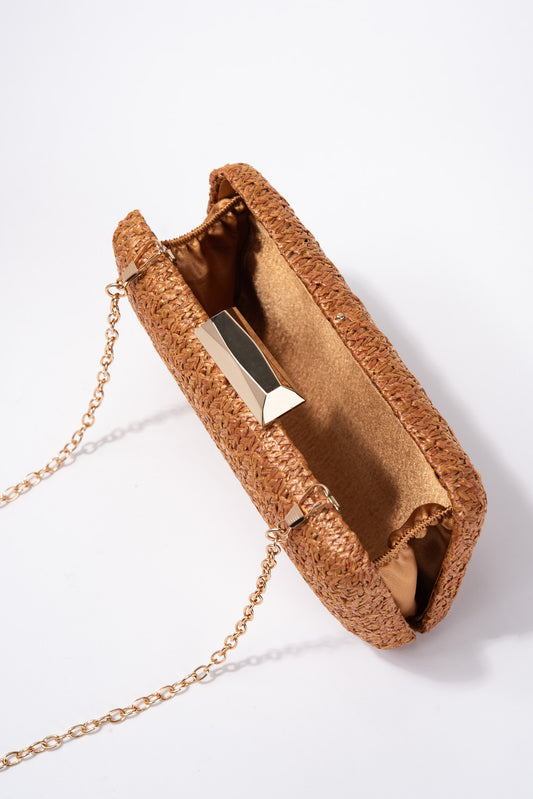 Elisa Boxy Straw Clutch with Shoulder Chain - Brown