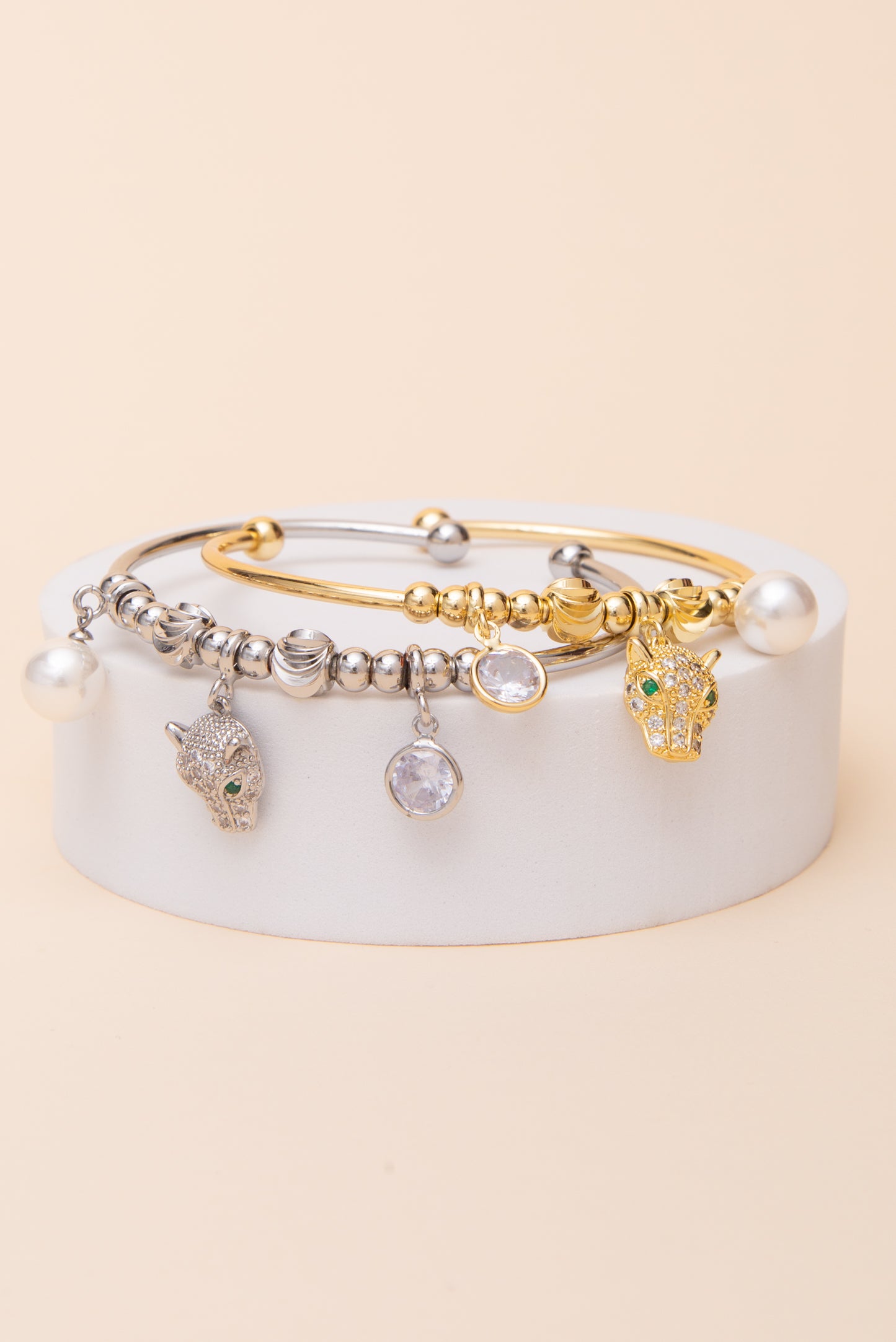Julianna Multi Charm Cuff Bracelet with Cubic Zirconia Leopard Head