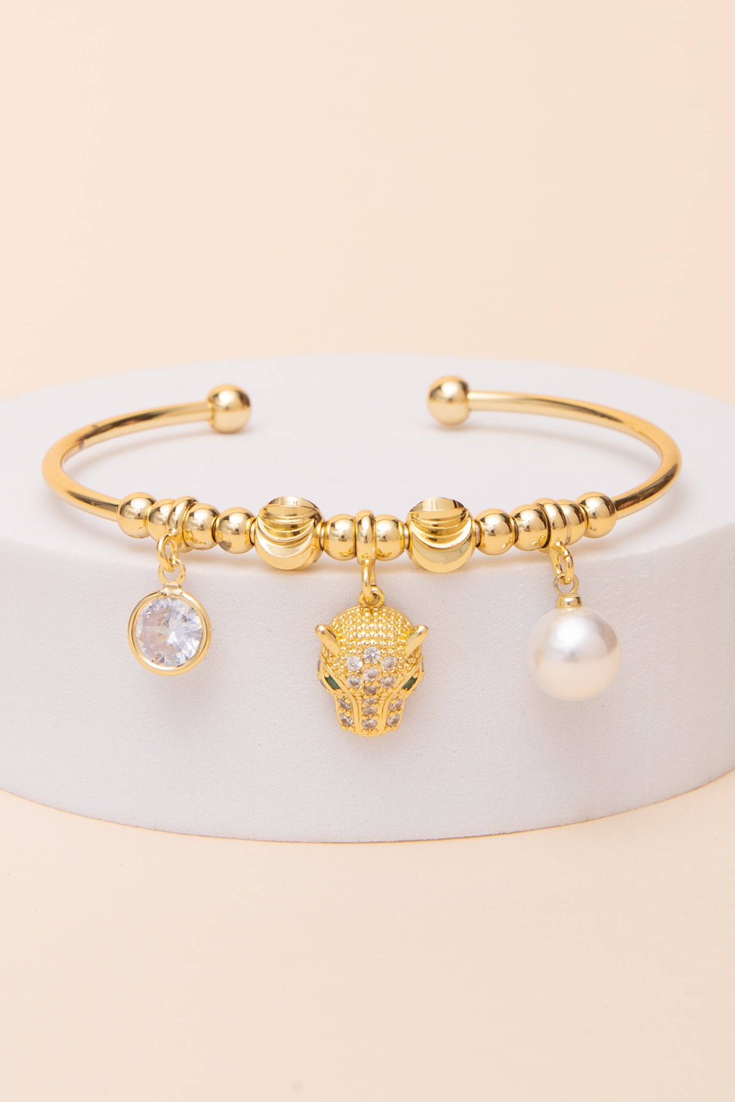 Julianna Multi Charm Cuff Bracelet with Cubic Zirconia Leopard Head | Gold