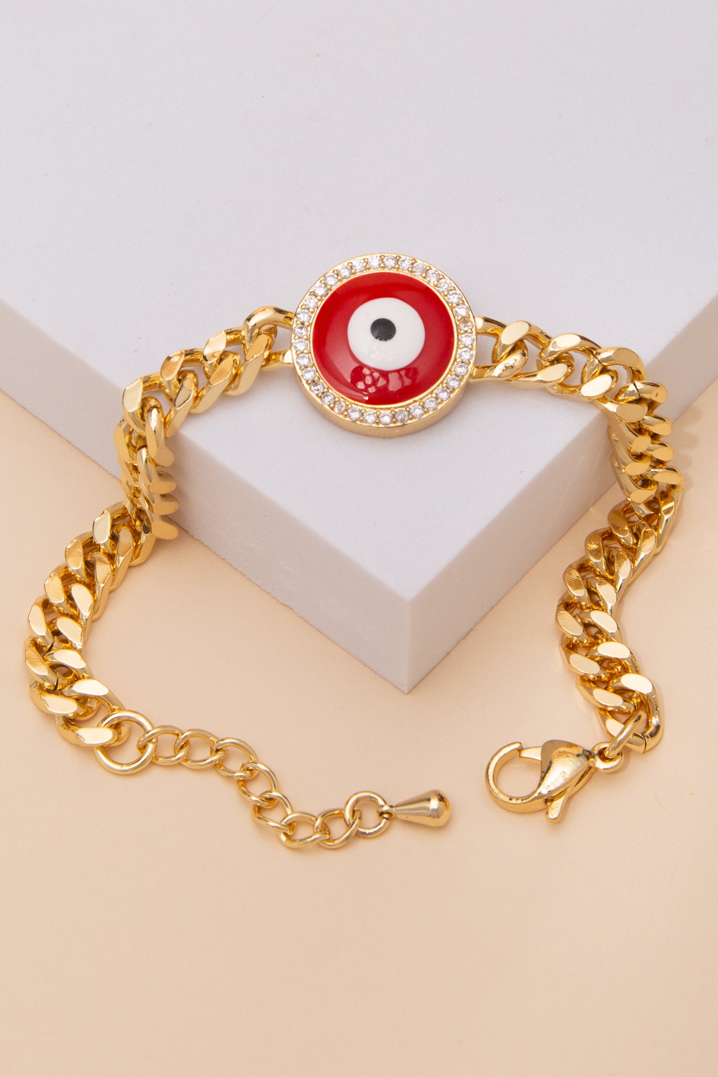 Serena Cubic Zirconia Enamel Evil Eye Disc Curb Chain Bracelet | Red