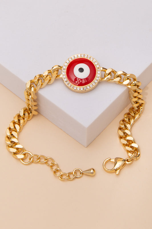 Serena Cubic Zirconia Enamel Evil Eye Disc Curb Chain Bracelet | Red