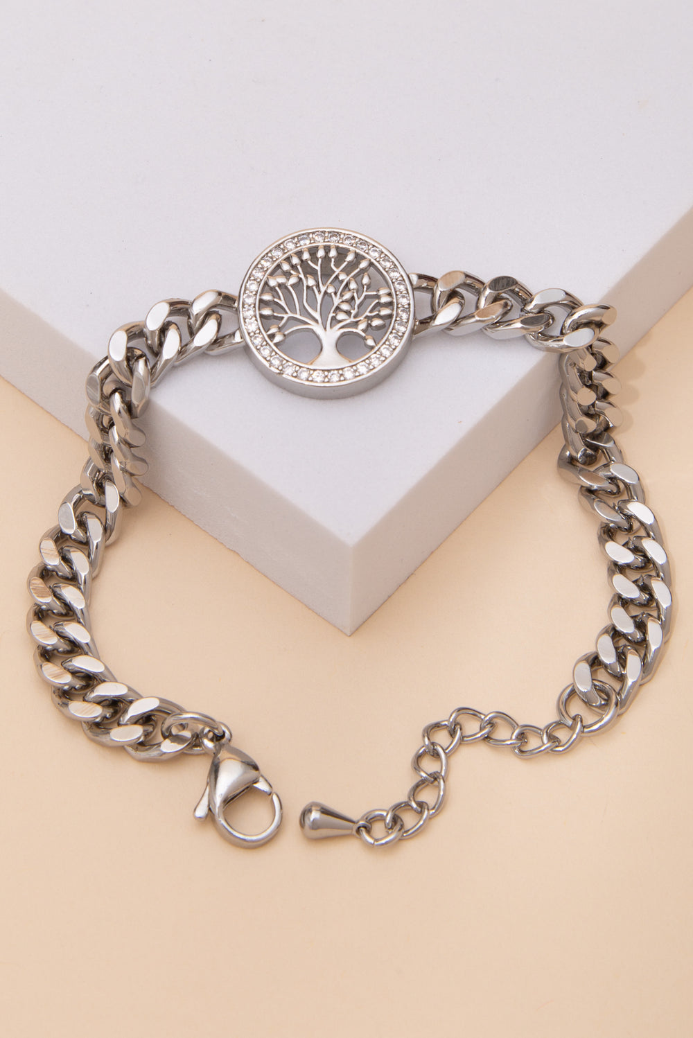 Kendall Cubic Zirconia Tree of Life Disc Curb Chain Bracelet