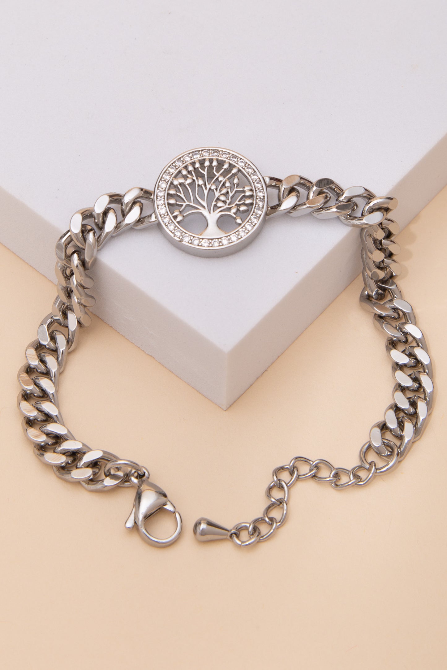 Kendall Cubic Zirconia Tree of Life Disc Curb Chain Bracelet