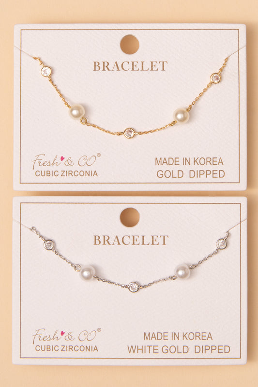 Rose Bezel-Set Cubic Zirconia and Pearl Sequence Station Bracelet