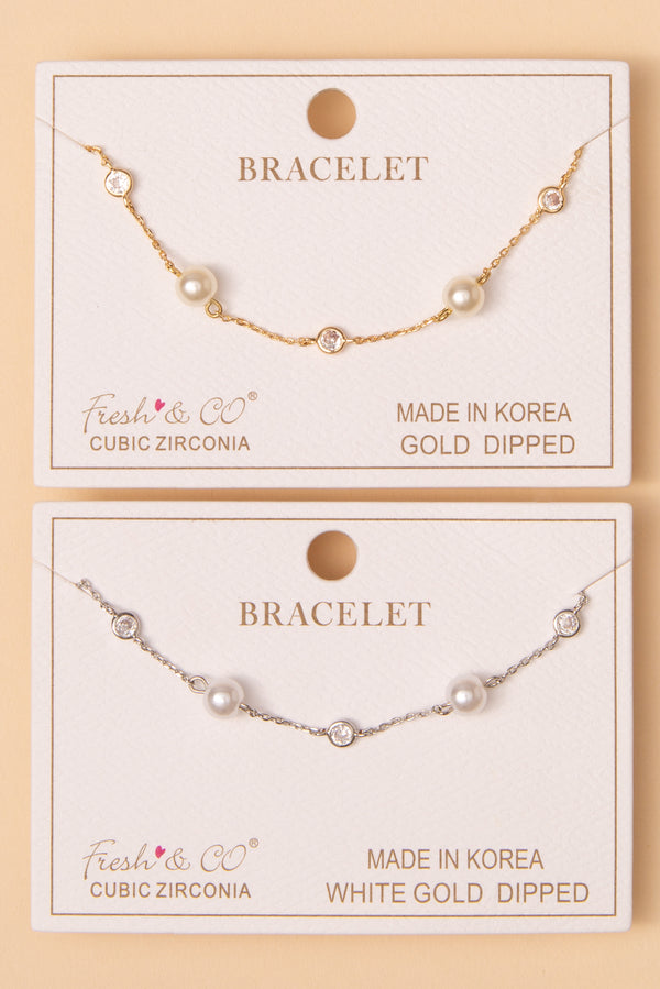 Rose Bezel-Set Cubic Zirconia and Pearl Sequence Station Bracelet